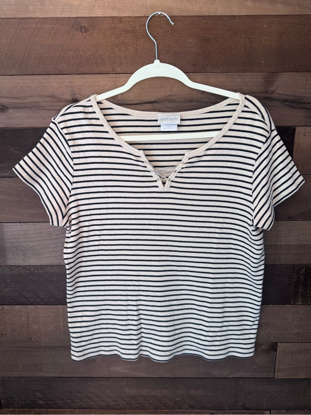 Pierre Cardin Cream and Black Striped V-Notch Short Sleeve Tee